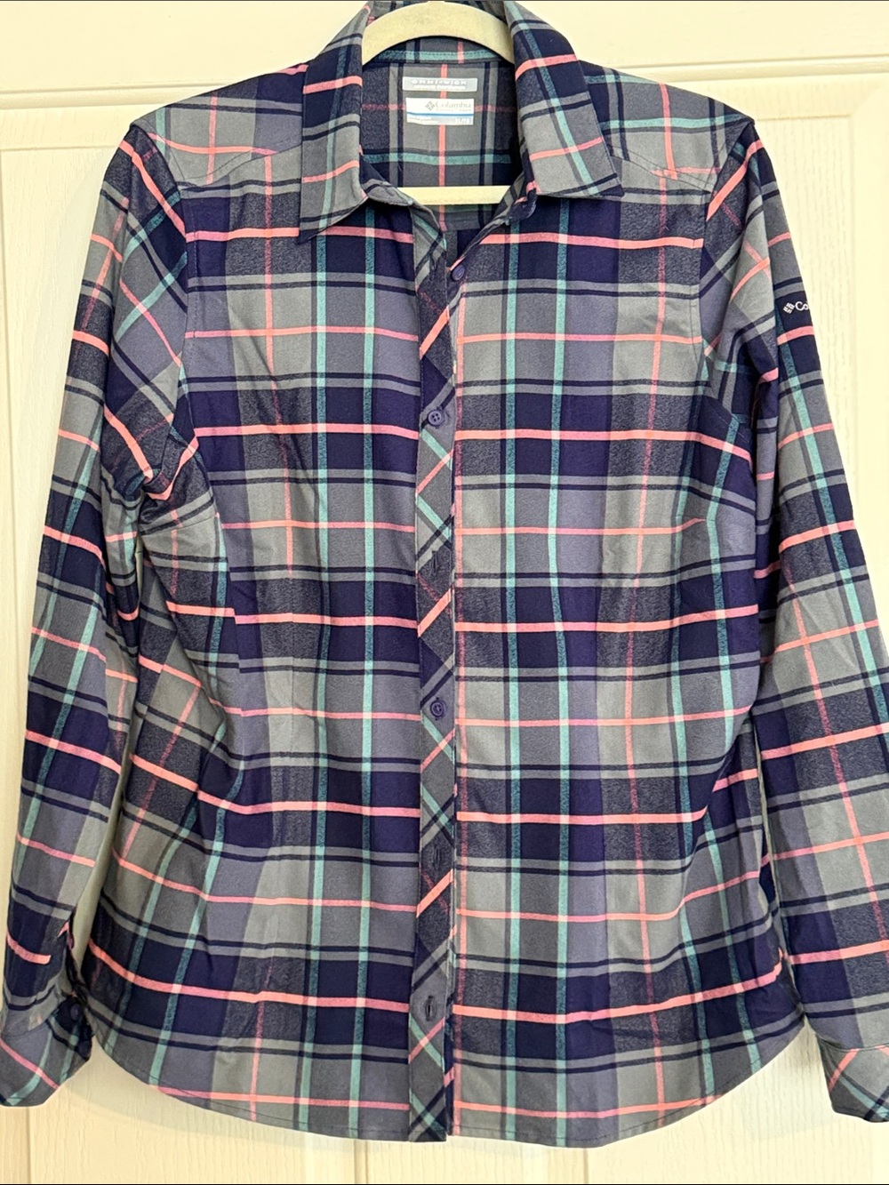 Columbia Navy Plaid Button-Down Flannel Style Shirt with Pink and Teal Accents